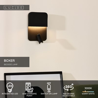 Lucide BOXER - Bedside lamp / Wall light - LED - 3000K - With USB charging point - Black